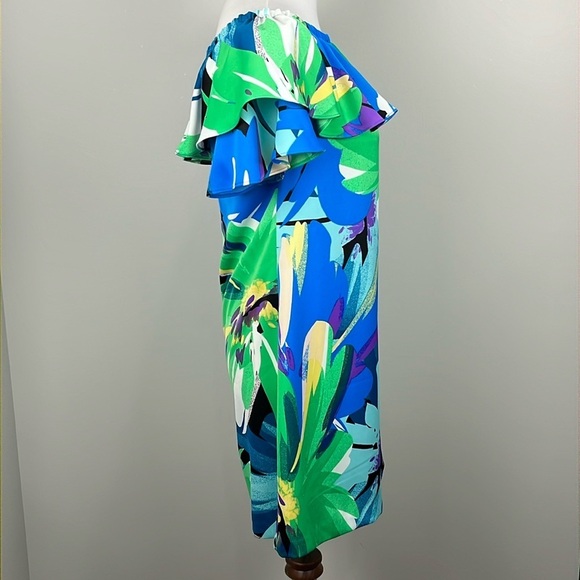 London Times On Off Shoulder Ruffle Multi Floral Tropical Mini Dress Sz 6 Resort - Picture 8 of 15